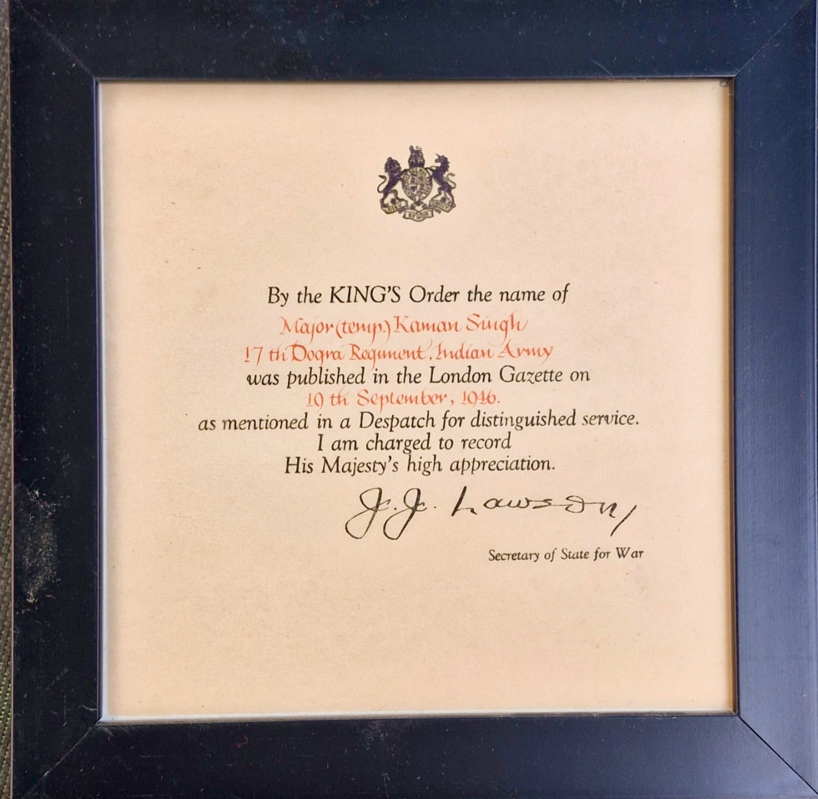 Mention in Dispatches 1946. (documents)