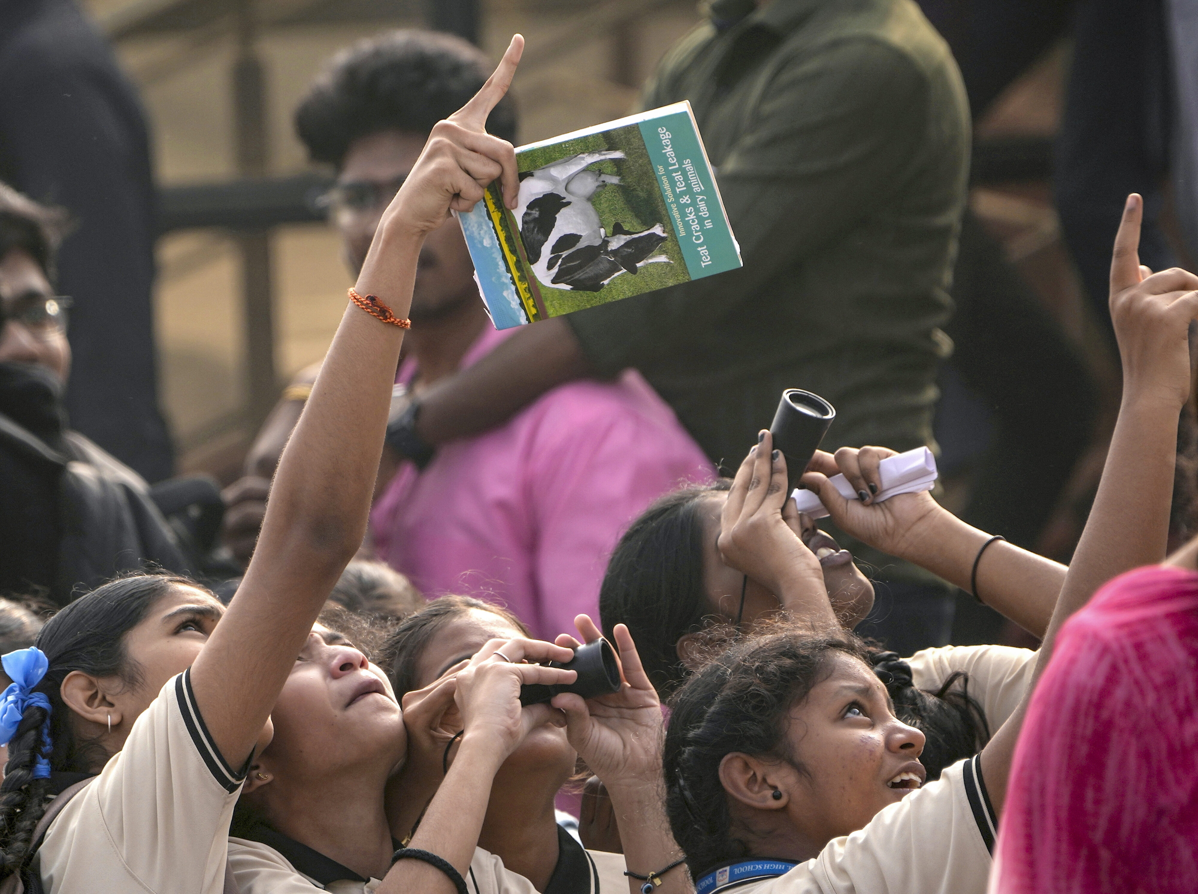  Students look on during the launch of the BlueBird Block-2 communication satellite. of AST SpaceMobile, USA, onboard its launch vehicle LVM3-M6 from the Satish Dhawan Space Centre, in Sriharikota, Andhra Pradesh, Dec. 24, 2025. (PTI Photo/R SenthilKumar) (PTI12_24_2025_000086B)