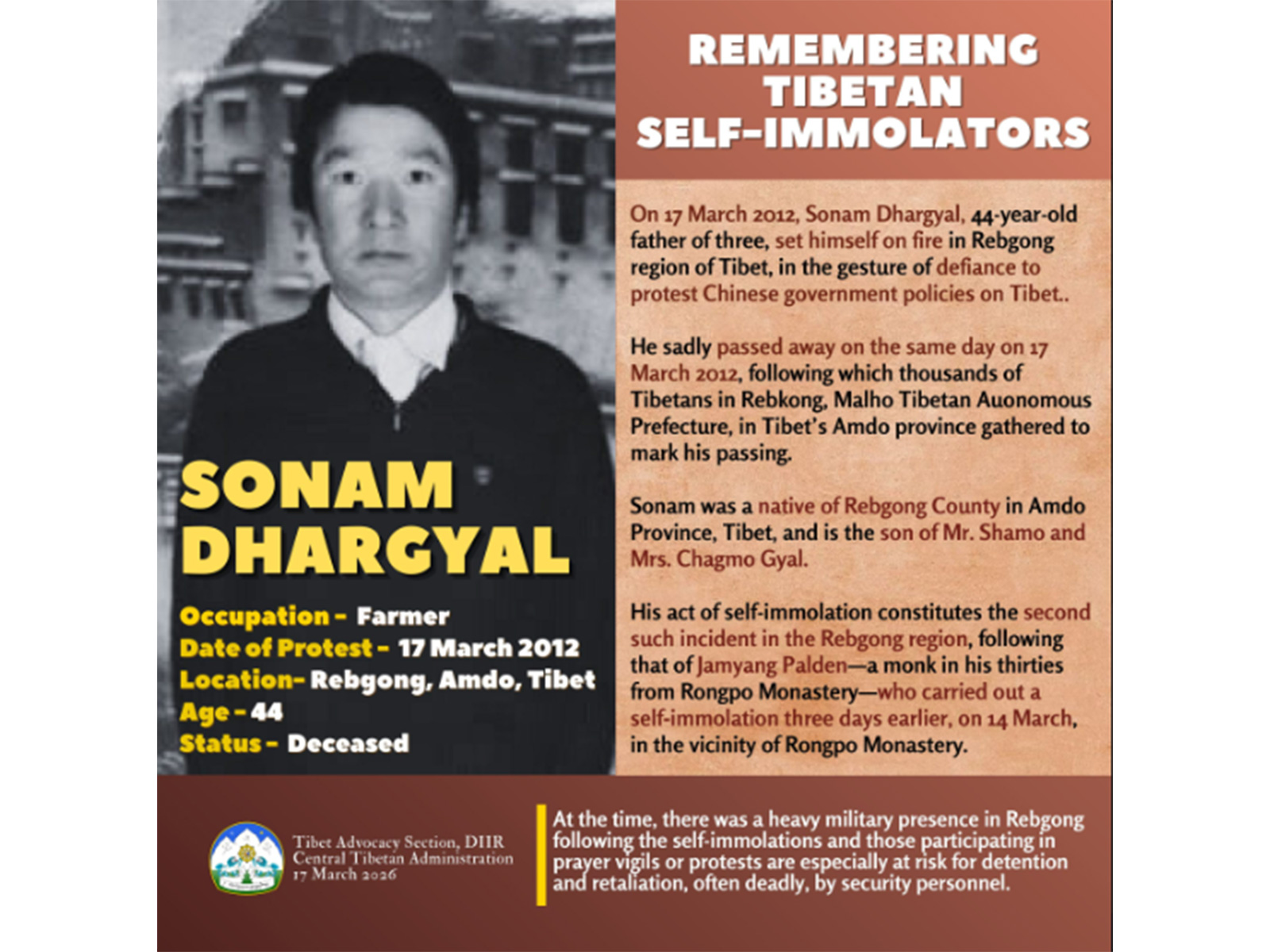 CTA commemorates Tibetan monk Sonam Dhargyal, recalls his self-immolation protest for religious freedom