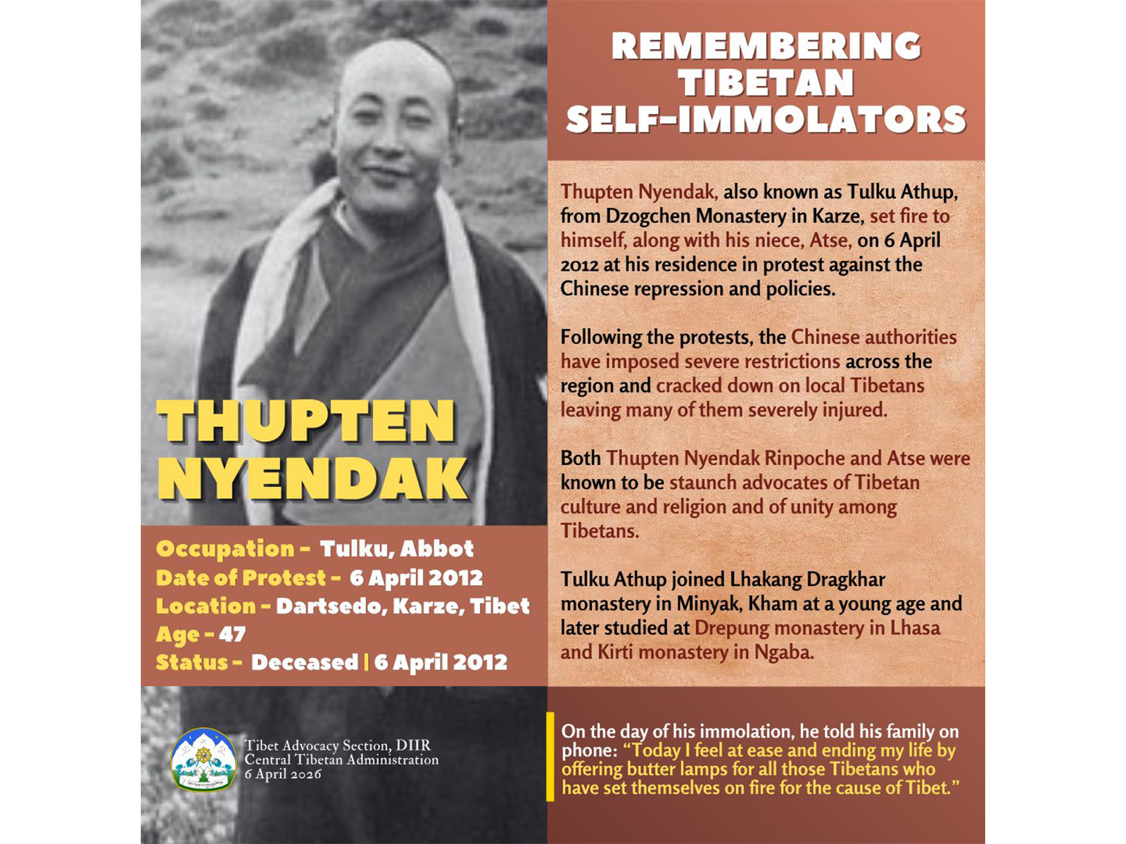 Central Tibetan Administration pays tribute to Tibetan monk Thupten Nyendak, recalls sacrifice for religious freedom