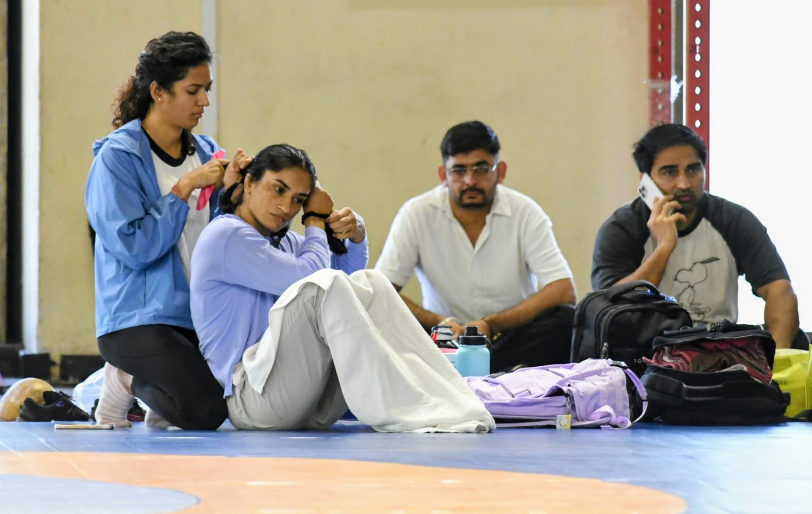 Wrestler Vinesh Phogat prepares after the Wrestling Federation of India (WFI) allowed her to compete in the women’s 53kg category for the Asian Games selection trials, at Indira Gandhi Arena, in New Delhi, Saturday, May 30, 2026. Tribune photo: Mukesh Aggarwal